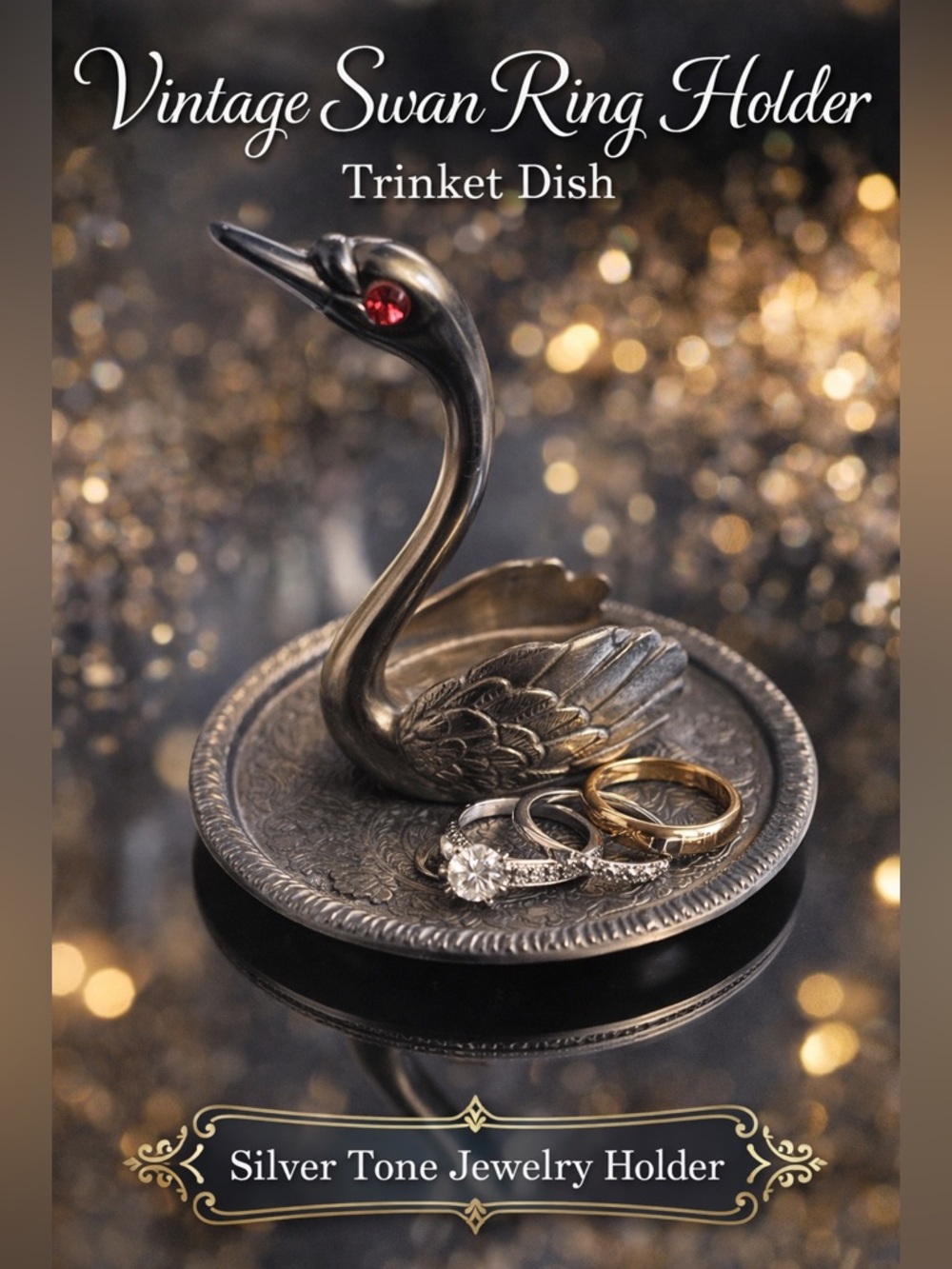 Title:
Vintage Swan Ring Holder Trinket Dish Silver Tone Jewelry Holder